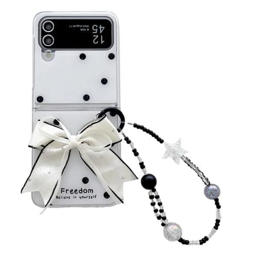 Funda para Samsung Galaxy Z Flip4 con diseño de puntos brillantes y lazo (blanca)