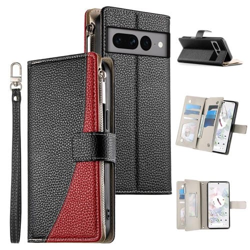 Funda de cuero con cremallera para Google Pixel 7 Pro, con múltiples tarjetas y costuras, con correa corta (negra)
