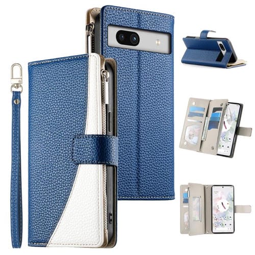 Funda de cuero con cremallera para Google Pixel 7a, con múltiples tarjetas y costuras, con correa corta (azul oscuro)