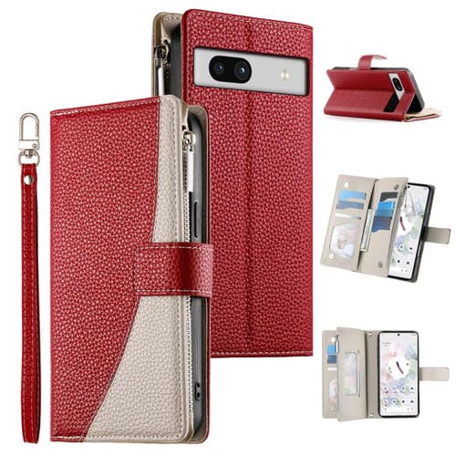 Funda de cuero con cremallera para Google Pixel 7a, con múltiples tarjetas y costuras, con correa corta (roja)