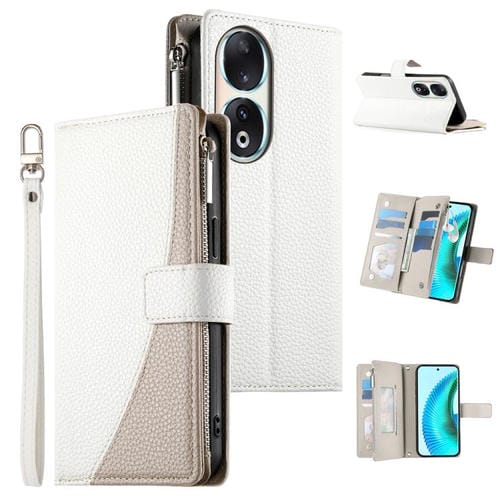 Funda de cuero con cremallera para teléfono con múltiples tarjetas y costuras para Honor 90 (blanco)