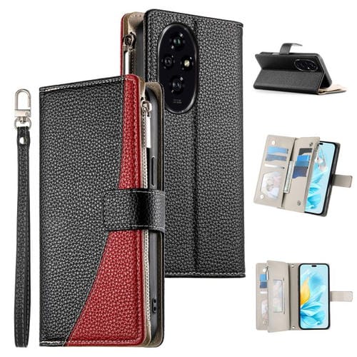 Funda de cuero con cremallera para teléfono con múltiples tarjetas y costuras para Honor 200 (negro)