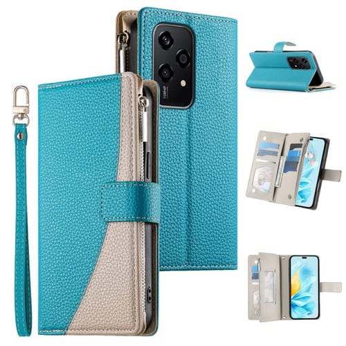 Funda de cuero tipo billetera con cremallera para múltiples tarjetas y costuras globales para Honor 200 Lite, con correa corta (azul)