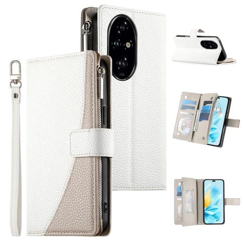 Funda de cuero tipo billetera con cremallera y mĂșltiples tarjetas para Honor 200 Pro, con costuras y correa corta (blanca)
