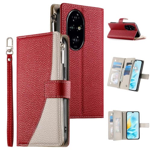Funda de cuero con cremallera para teléfono Honor 200 Pro, con costuras, múltiples tarjetas y correa corta (roja)