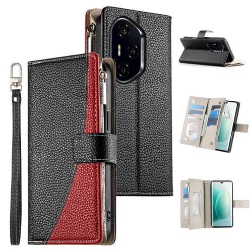 Funda de cuero tipo billetera con cremallera y mĂșltiples tarjetas, con costuras y correa corta para Honor 300 Pro/Honor 300 Ultra (negra)