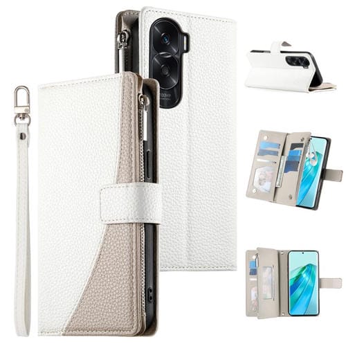 Funda de cuero tipo billetera con cremallera y mĂșltiples tarjetas, con costuras y correa corta para Honor X50i/Honor 90 Lite (blanca)