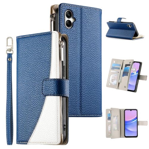 Funda de cuero tipo billetera con cremallera y múltiples tarjetas para Samsung Galaxy A05 con costuras y correa corta (azul oscuro)