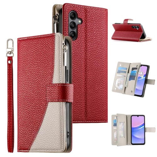 Funda de cuero tipo billetera con cremallera para Samsung Galaxy A05s, con costuras, múltiples tarjetas y correa corta (roja)