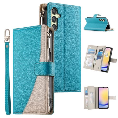 Funda de cuero tipo billetera con cremallera y múltiples tarjetas para Samsung Galaxy A25 5G, con costuras y correa corta (azul)