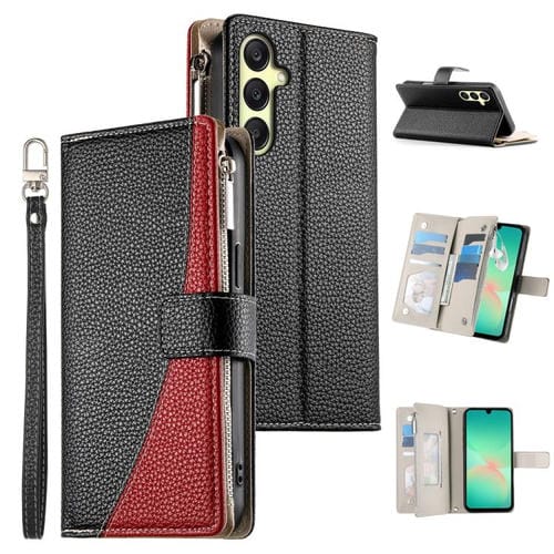 Funda de cuero con cremallera y múltiples tarjetas para Samsung Galaxy A26 5G / A16 / A17 4G con costuras y correa corta (negra)