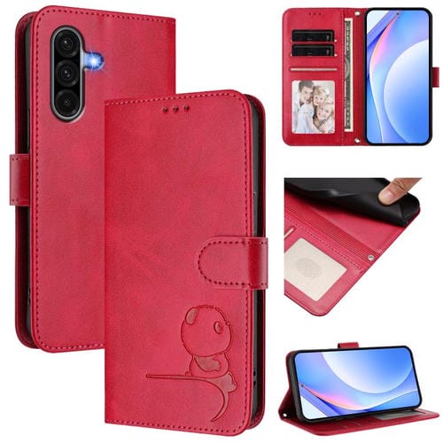 Funda de cuero RFID con estampado de panda y cordón para Samsung Galaxy A56 5G / A36 5G (rosa)