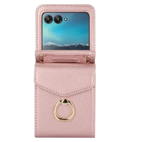Funda para Motorola Razr 50 Ultra con ranura para tarjeta RFID y soporte de anillo (oro rosa)