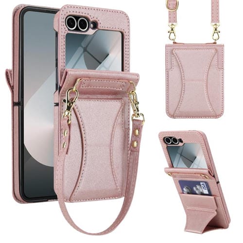 Funda para Samsung Galaxy Z Flip5 con ranura para tarjetas y soporte plegable integrado, con cordón largo y corto (oro rosa)