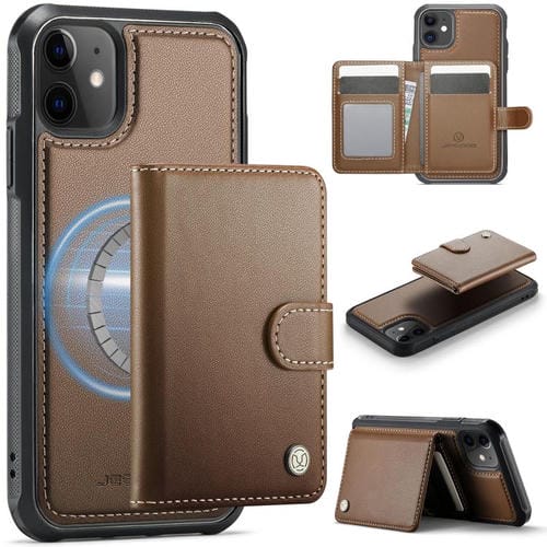 JEEHOOD J09 - Funda de cuero con hebilla para iPhone 12/12 Pro, estilo magnético, RFID, MagSafe (marrón)
