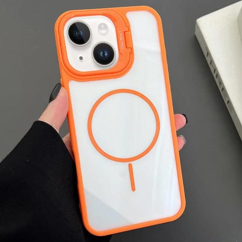 Funda magnética MagSafe para iPhone 14 Plus con soporte para lente de PC (naranja)