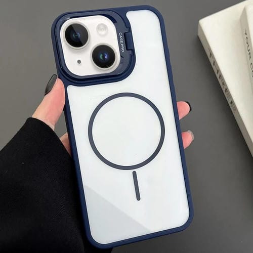 Estuche magnético MagSafe para iPhone 14 Plus con soporte para lente de PC (azul)