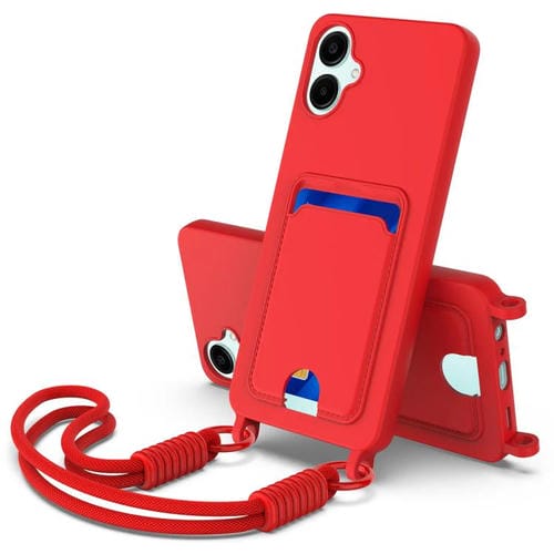 Funda de silicona líquida de color sólido para Samsung Galaxy A06 5G con tarjetero integrado (Gen2) y cordón corto (rojo)