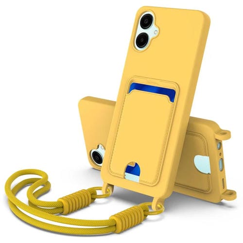 Funda de silicona líquida de color sólido para Samsung Galaxy A06 5G con tarjetero integrado, Gen2, con cordón corto (amarilla)