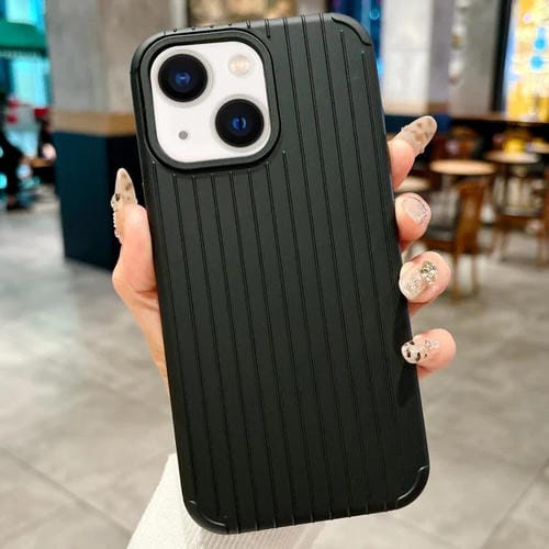 Funda MagSafe de cobertura total para iPhone 14 Plus con diseño inspirado en maletas (negra)