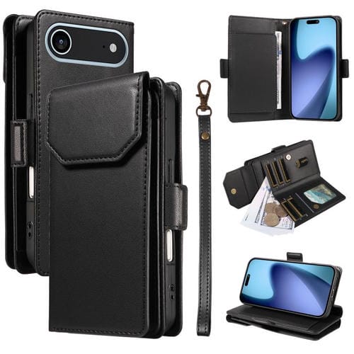 Funda de cuero con múltiples tarjetas y correa para iPhone 17 Air (negra)