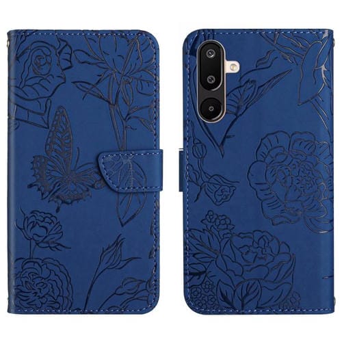 Funda de cuero con tapa y diseño de mariposas en relieve para Samsung Galaxy M36 5G (azul)