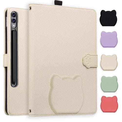 Funda inteligente de piel de lichi con tacto de gato para Samsung Galaxy Tab S10+ / S9+ (blanco albaricoque)