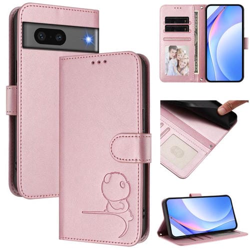 Funda de cuero con estampado RFID y cordón para Google Pixel 7 (rosa)
