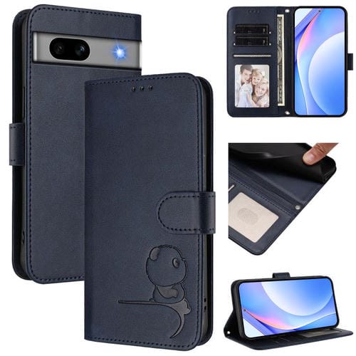 Funda de cuero con estampado RFID y cordón para Google Pixel 7a (azul)