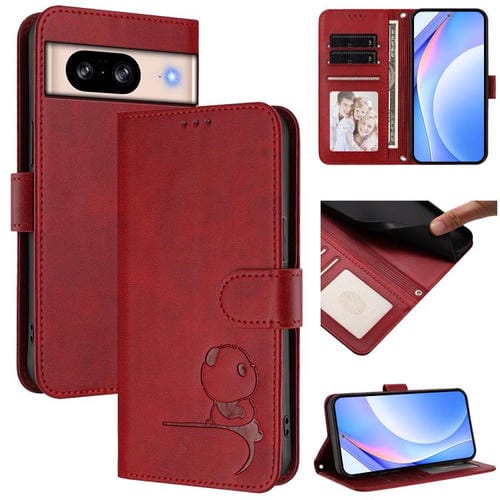 Funda de cuero RFID con estampado de panda para Google Pixel 8 con cordón (rojo vino)