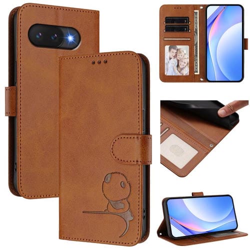 Funda de cuero con estampado RFID y cordón para Google Pixel 9a (marrón)