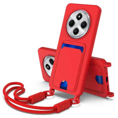 Funda de silicona líquida de color sólido para Redmi 14C 4G / 14R 5G / A4 5G con tarjetero integrado y cordón corto (rojo)