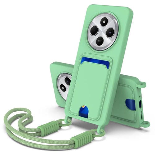 Funda de silicona líquida de color sólido para Redmi 14C 4G / 14R 5G / A4 5G con tarjetero integrado, Gen2, con cordón corto (verde)