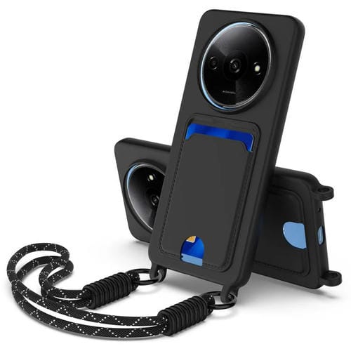 Funda de silicona líquida de color sólido para Redmi A3 4G / A3x 4G / Poco C61 (Gen2) con tarjetero integrado y cordón corto (negro)