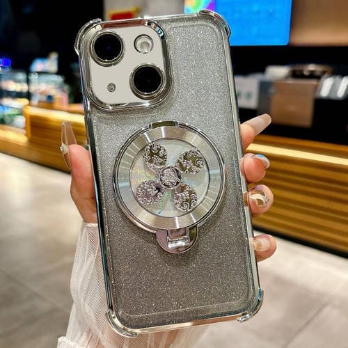 Funda con soporte giratorio para iPhone 14 Plus con purpurina degradada (plateada)