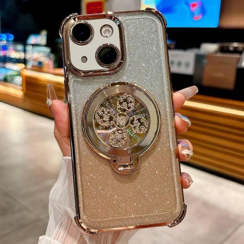 Funda con soporte giratorio para iPhone 14 Plus con purpurina degradada (dorado desierto)