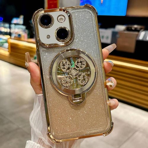 Funda con soporte giratorio para iPhone 15 con purpurina degradada (dorada)