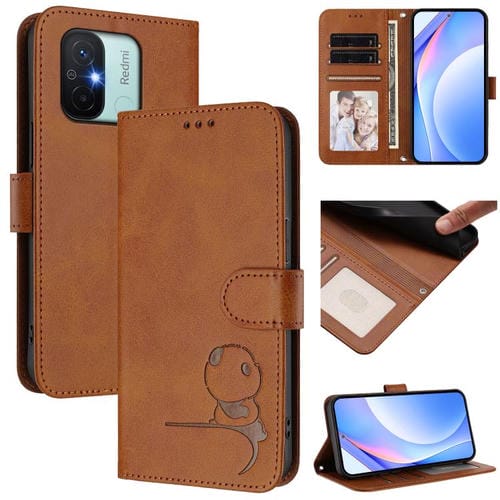 Funda de cuero con relieve RFID y cordón para Redmi 11A / Xiaomi Poco C55 (marrón)