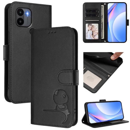 Funda de piel con relieve RFID y cordón para Redmi A1+ / A2+ / Poco C50 / C51 (negro)