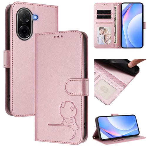 Funda de cuero RFID con estampado de panda y cordón para Redmi A5 4G (171,7 mm) / Poco C71 (rosa)