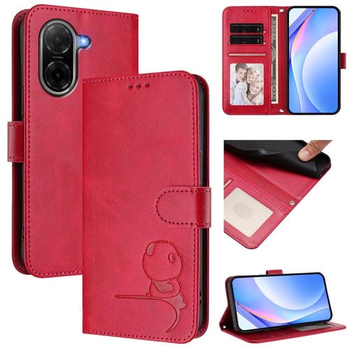 Funda de cuero RFID con estampado de panda y cordón para Redmi A5 4G (171,7 mm) / Poco C71 (rosa)