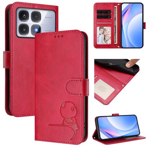 Funda de cuero RFID con estampado de panda y cordón para Redmi K70 Ultra (rosa)