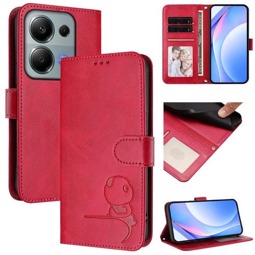 Funda de cuero RFID con estampado de panda y cordón para Redmi Note 13 Pro 4G / Note 14S (rosa)