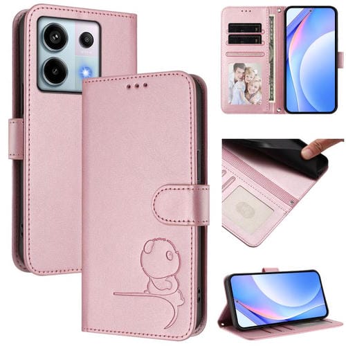 Funda de cuero RFID con estampado de panda y cordón para Redmi Note 13 Pro 5G / Poco X6 (rosa)