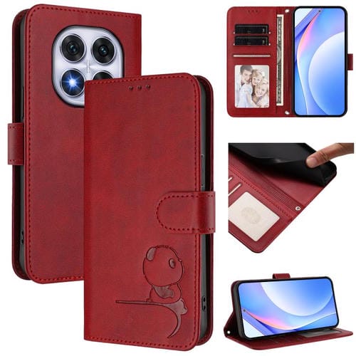 Funda de cuero RFID con estampado de panda y cordón para Redmi Note 14 Pro 5G / 14 Pro+ 5G (rojo vino)