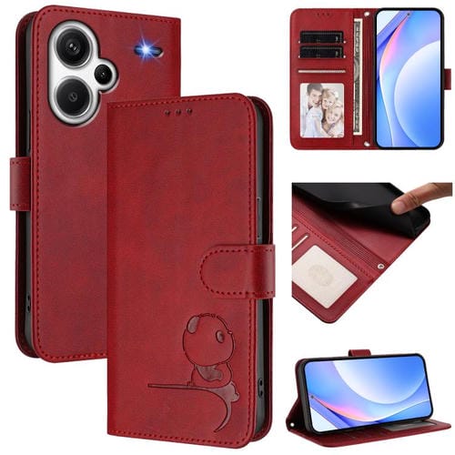 Funda de cuero RFID con estampado de panda y cordón para Redmi Note 13 Pro+ 5G (rojo vino)