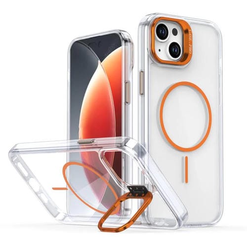 Funda para iPhone 15 con marco de lente MagSafe transparente y brillante (naranja)