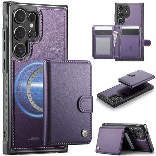 For Samsung Galaxy S24 Ultra 5G JEEHOOD J09 Buckle Card Bag MagSafe Magnetic Style RFID Leather Phone Case(Purple)