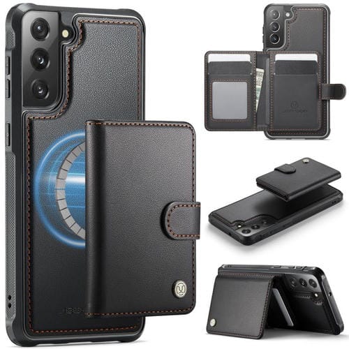 For Samsung Galaxy S22+ 5G JEEHOOD J09 Buckle Card Bag MagSafe Magnetic Style RFID Leather Phone Case(Black)