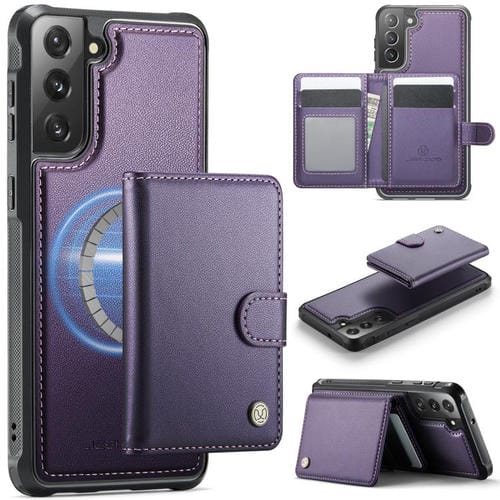 For Samsung Galaxy S22 5G JEEHOOD J09 Buckle Card Bag MagSafe Magnetic Style RFID Leather Phone Case(Purple)